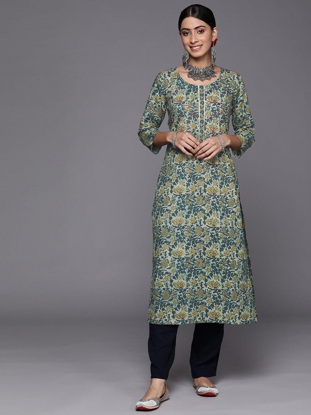 Varanga Women Green & Teal Blue Ethnic Motifs Printed Gotta Patti Kurta - Indiakreations