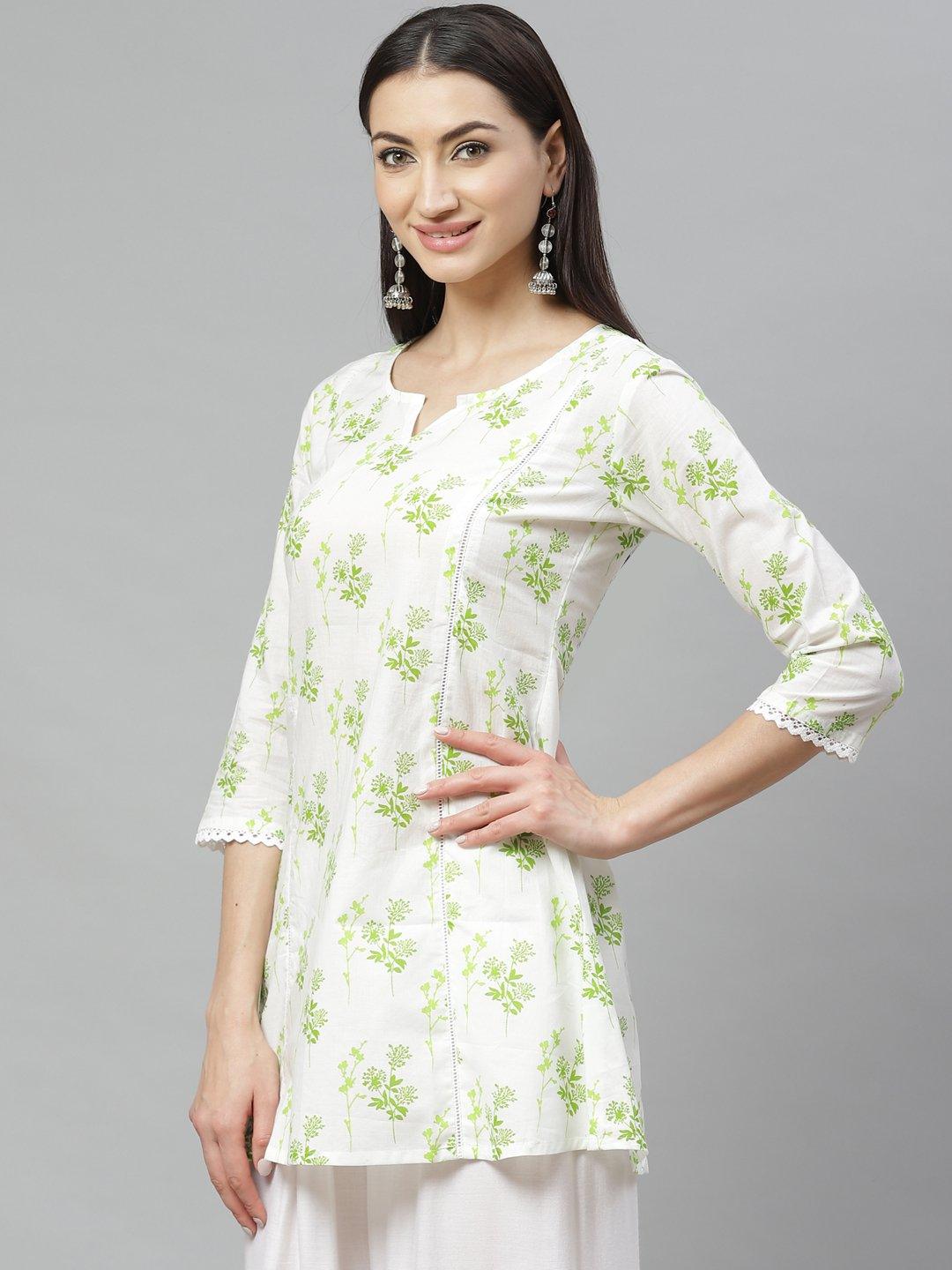 Women's Off White Cotton Printed 3/4 Sleeve Round Neck Casual Tunic - Myshka - Indiakreations