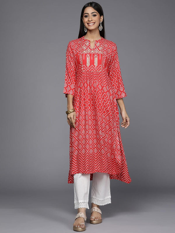 Varanga Women Red & White Bandhani Printed Gotta Patti Indie Prints Kurta - Indiakreations