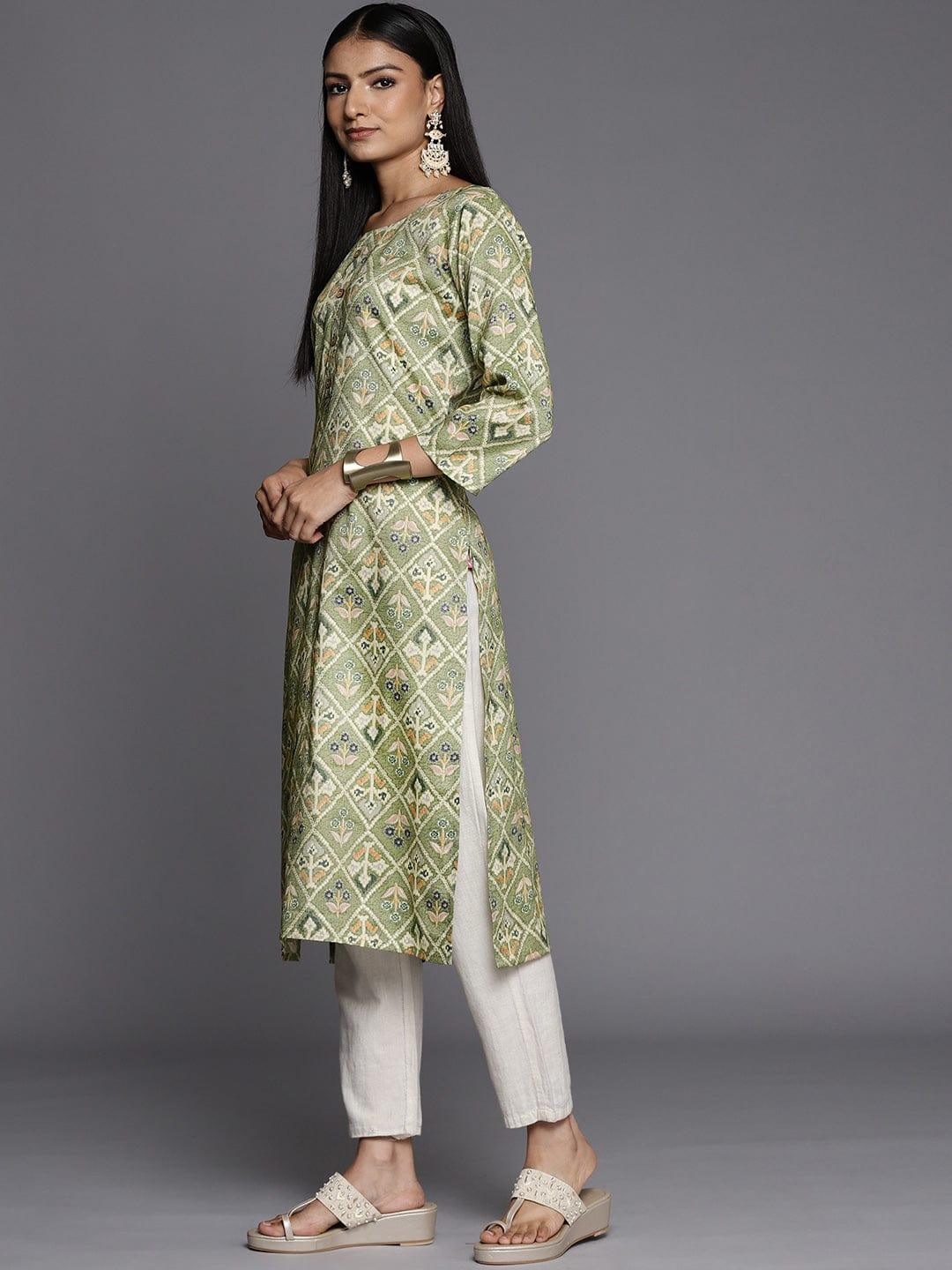 Varanga Women Green & Cream-Coloured Ethnic Motifs Printed Kurta - Indiakreations