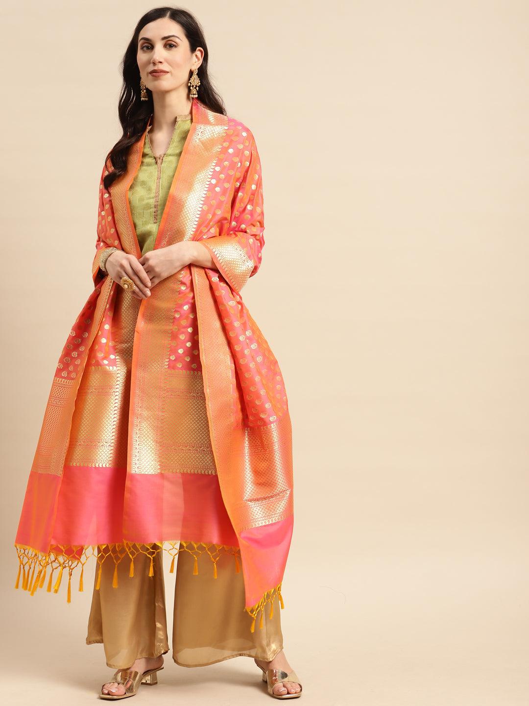 Women's Pink Color Ethnic Motifs Woven Design Dupatta With Zari - Varanasi - Indiakreations