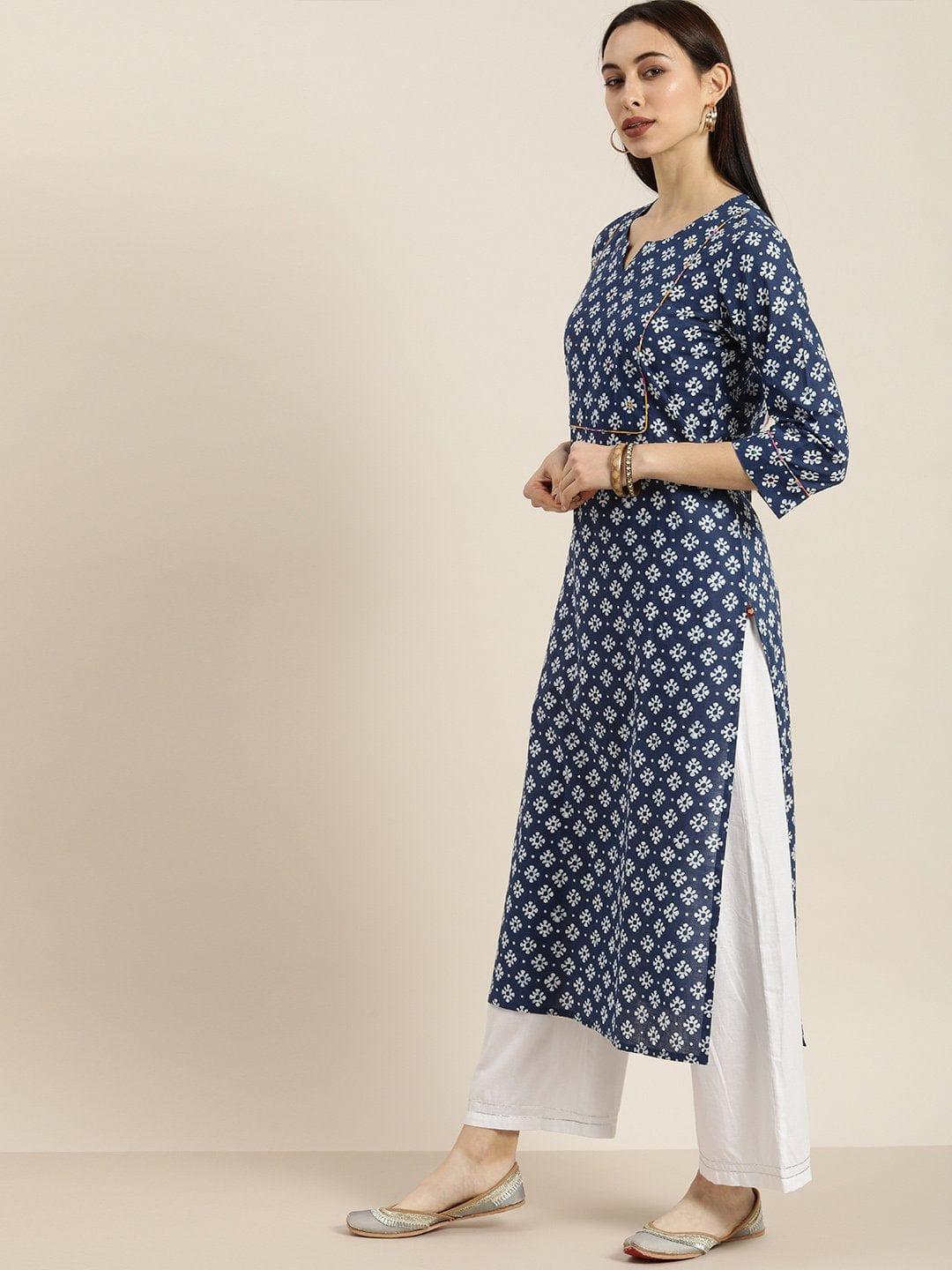 KSUT Blue And White Abstract Printed Kurta With Handwork On Yoke - Indiakreations