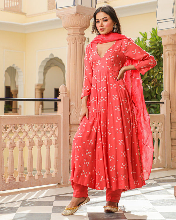 Women's Coral Bandhej Modal Anarkali Kurta Pant Dupatta Set - Baisacrafts - Indiakreations