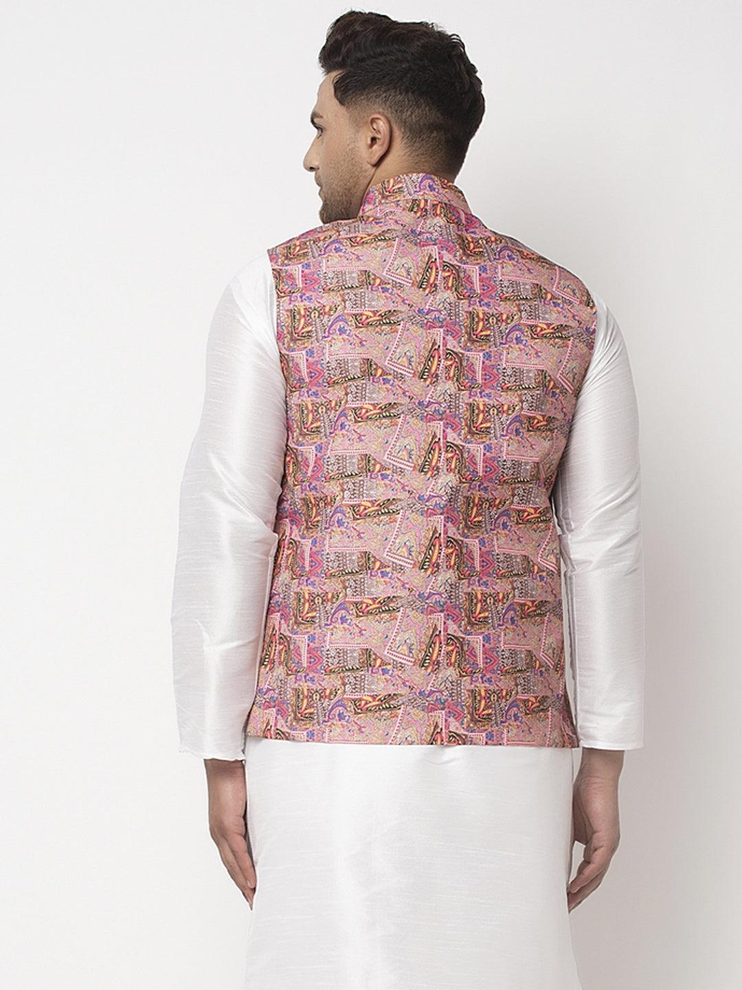 Men's Pink & Multi Printed Nehru Jacket - Benstoke - Indiakreations