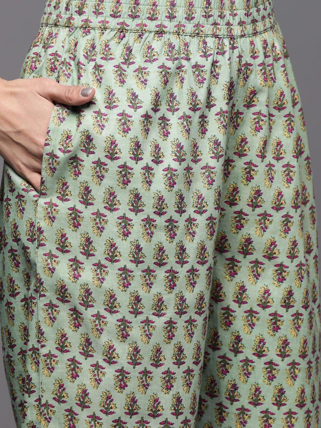 Varanga Women Green Pure Cotton Floral Printed Gotta Patti Kurta with Trousers & Dupatta - Indiakreations