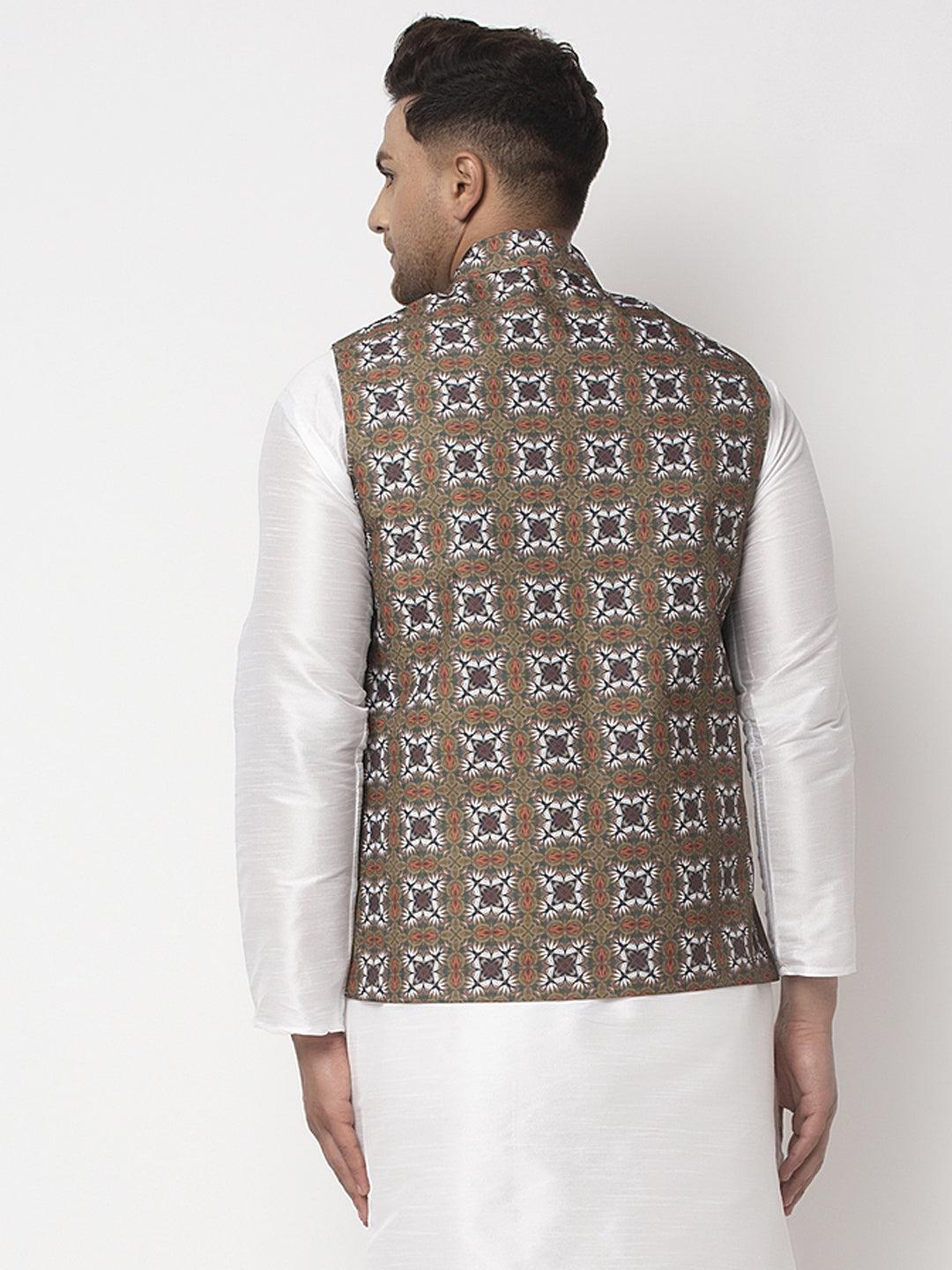 Men's Olive Green & White Printed Nehru Jacket - Benstoke - Indiakreations