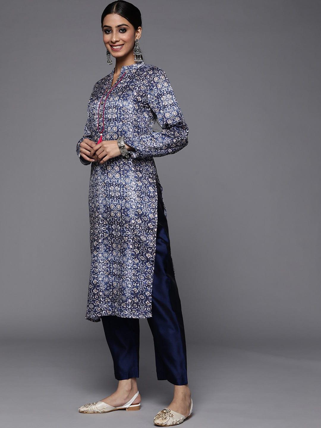 Varanga Women Blue & White Ethnic Motifs Printed Pashmina Winter Kurta - Indiakreations