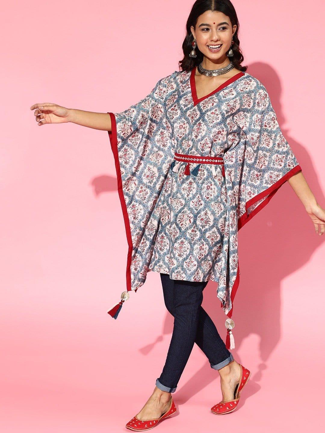 Blue Printed Kaftan With Embroidered Belt - Indiakreations