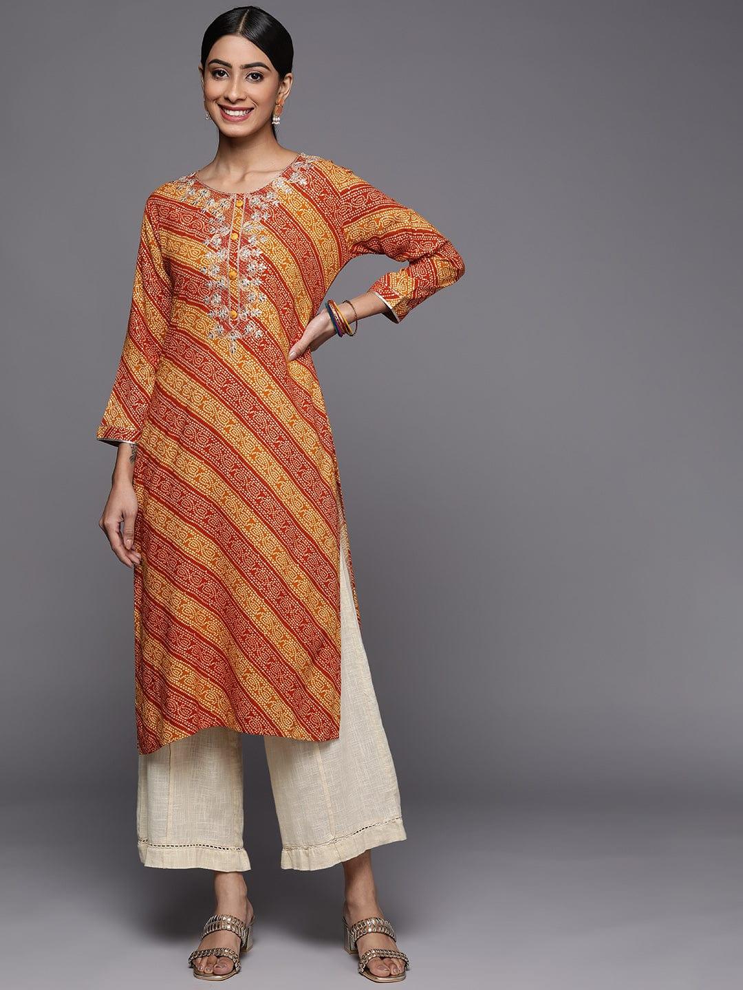 Varanga Women Mustard Yellow & Rust Bandhani Embroidered Gotta Patti Indie Prints Kurta - Indiakreations