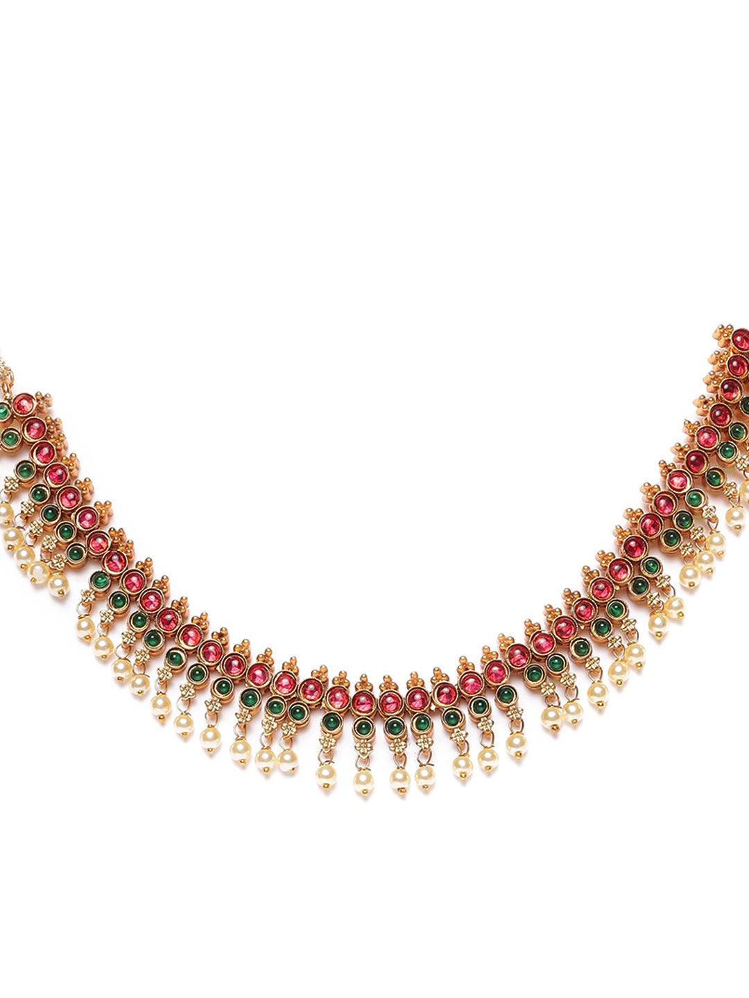 Women's Pink & Green Gold-Plated Stone-Studded & Beaded Handcrafted Jewellery Set - Jazz and Sizzle - Indiakreations