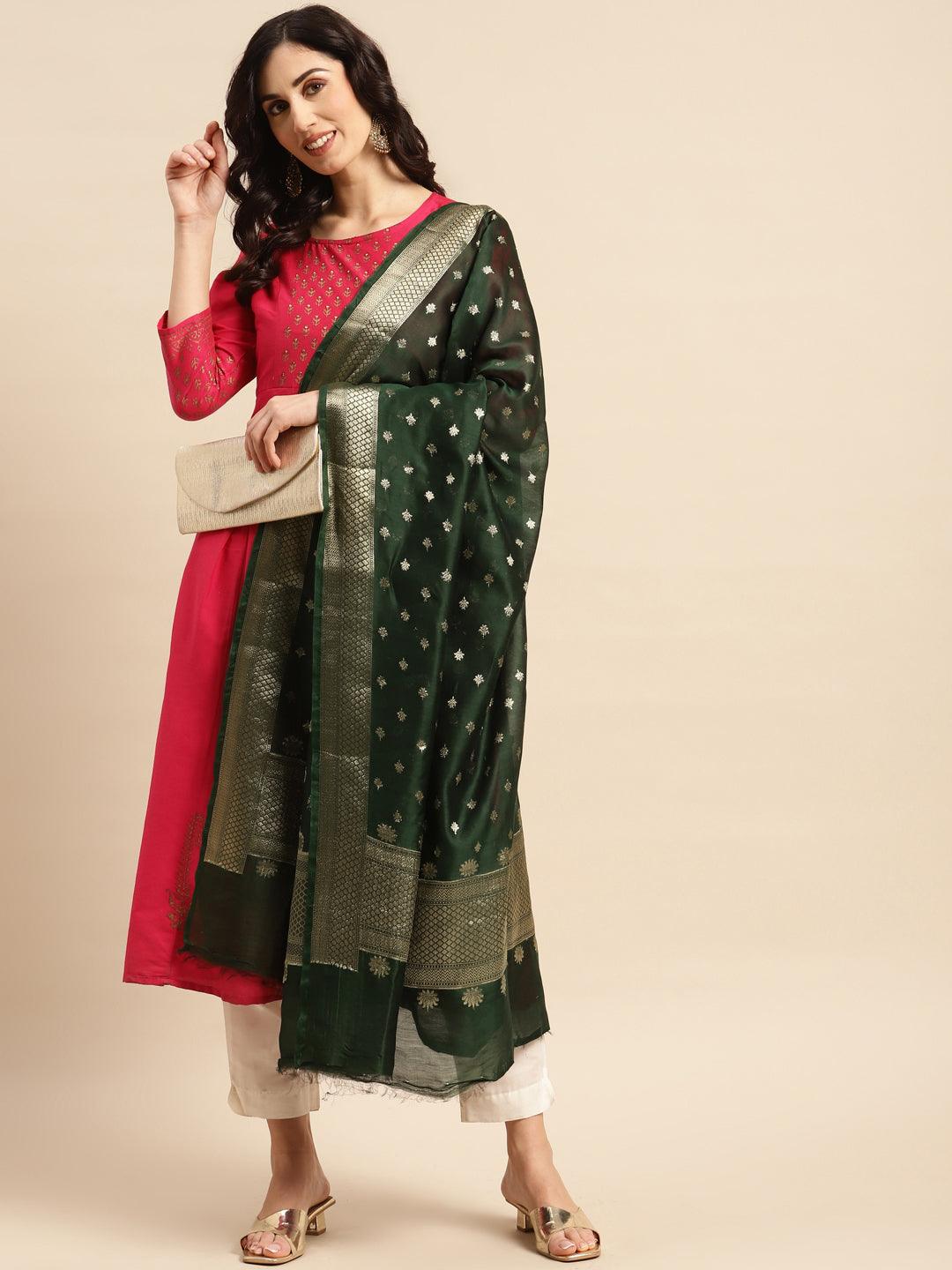 Women's Green Color Ethnic Motifs Woven Design Dupatta With Zari - Varanasi - Indiakreations