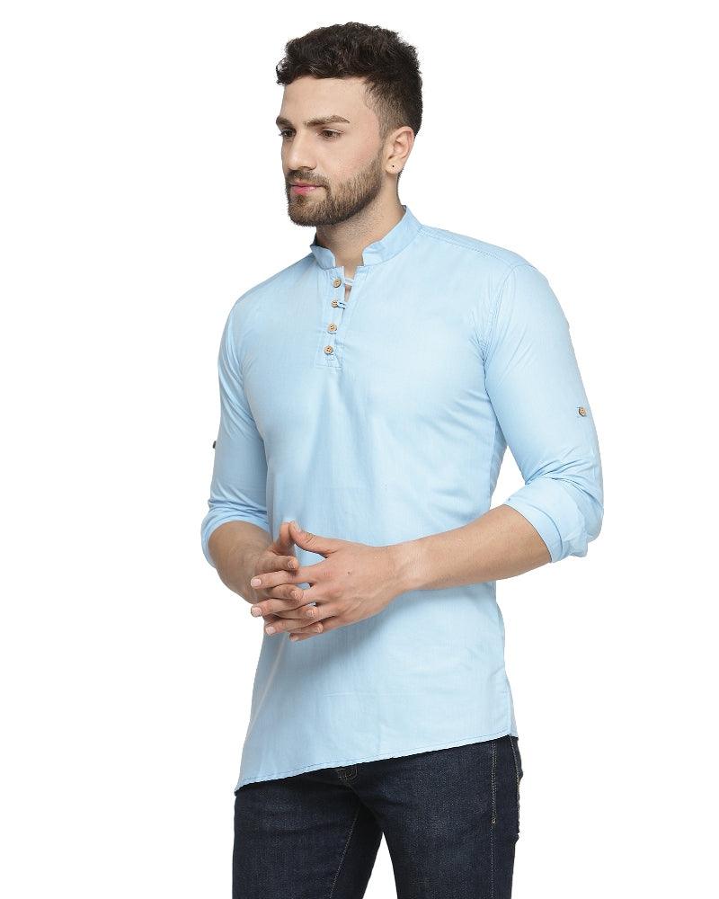 Men's Cotton Blend Sky Blue Asymmetric Short Kurta - Benstoke - Indiakreations