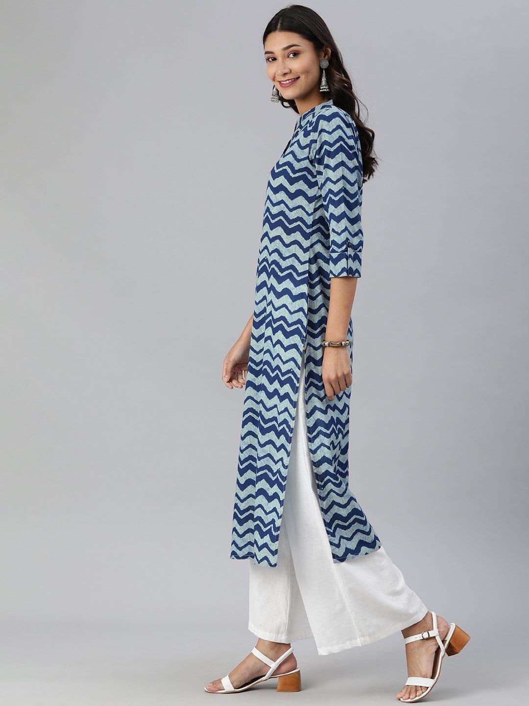 KSUT Indigo Chevron Printed Straight Kurta - Indiakreations