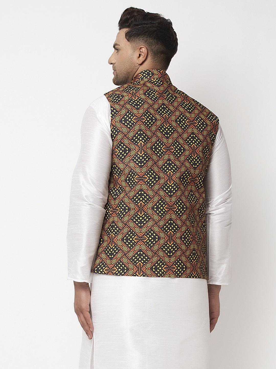 Men's Black & Brown Printed Nehru Jacket - Benstoke - Indiakreations