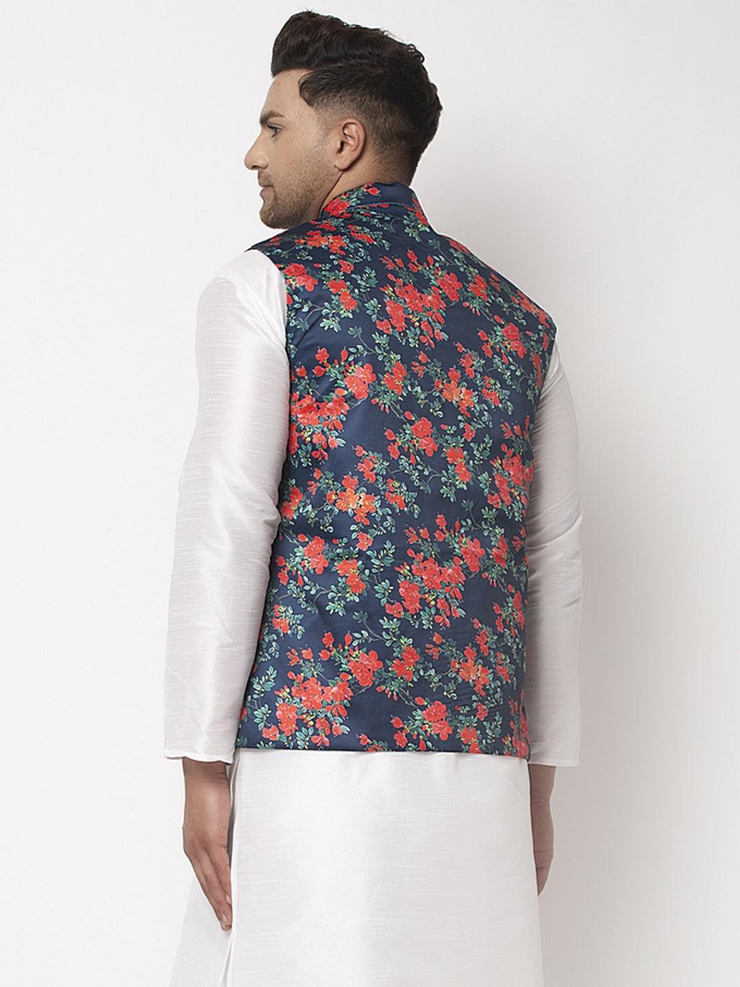 Men's Navy Blue & Orange Printed Nehru Jacket - Benstoke - Indiakreations