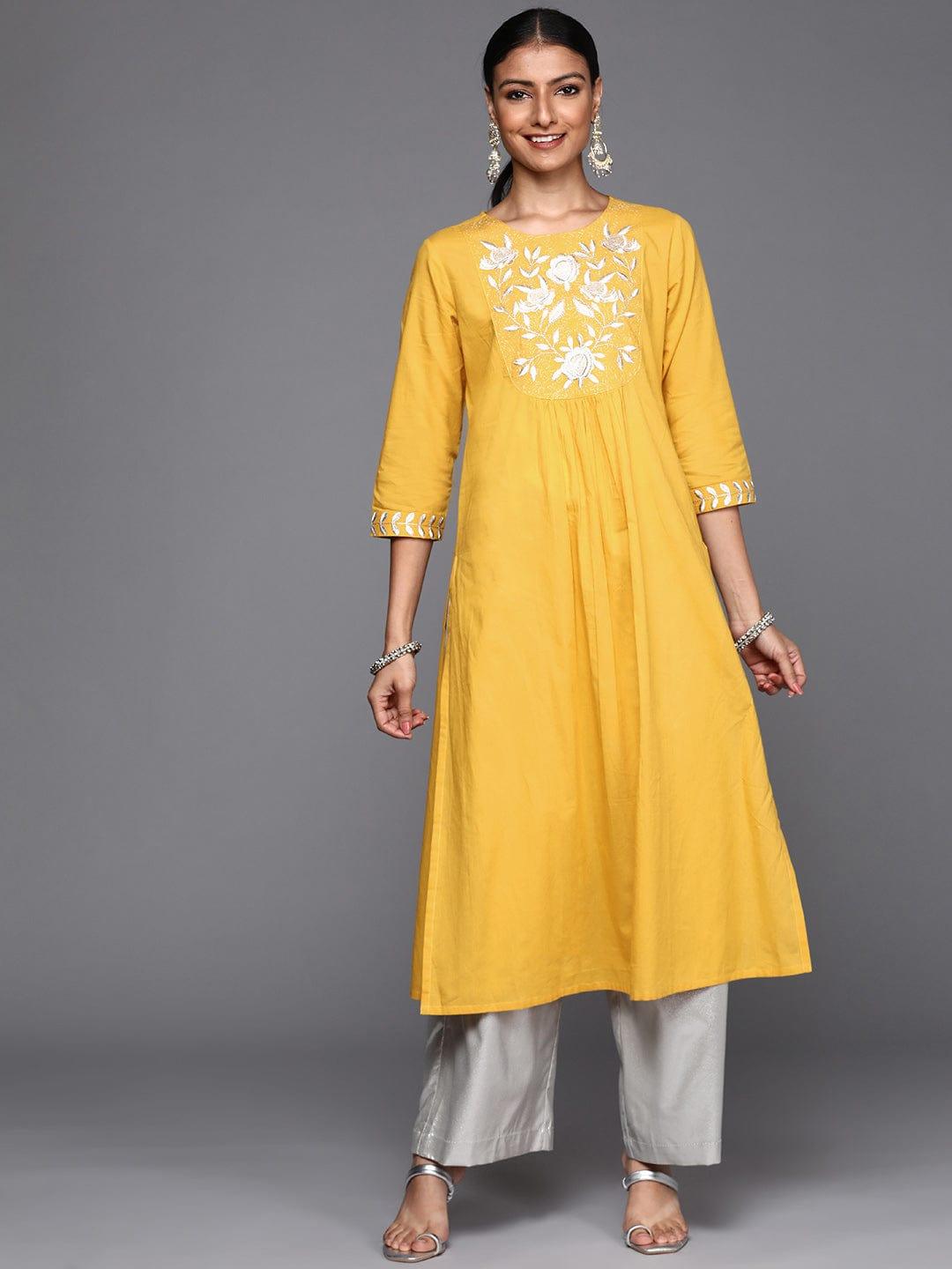 Varanga Women Mustard Yellow & White Yoke Embroidered Zari Cotton Straight Kurta - Indiakreations