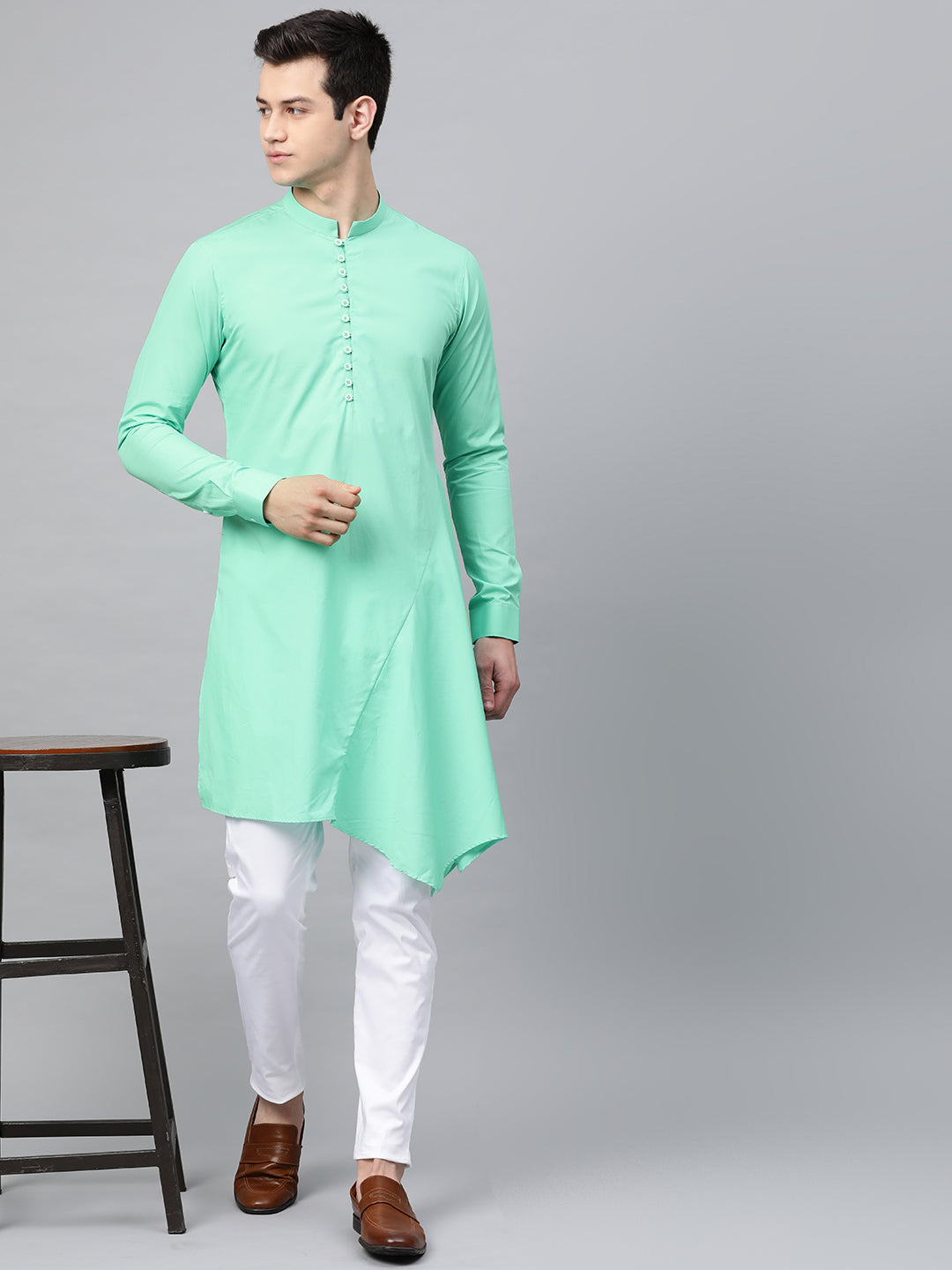 Men's Sea Green Solid Asymmetrical Kurta With Pyjama - See Designs