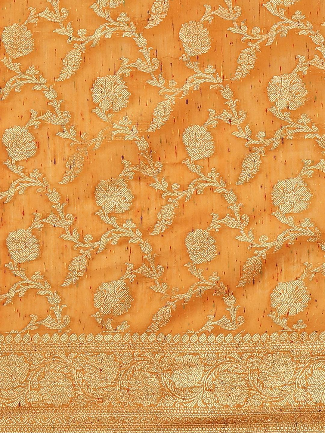 Women's Orange Cotton Silk Saree - Varanasi - Indiakreations