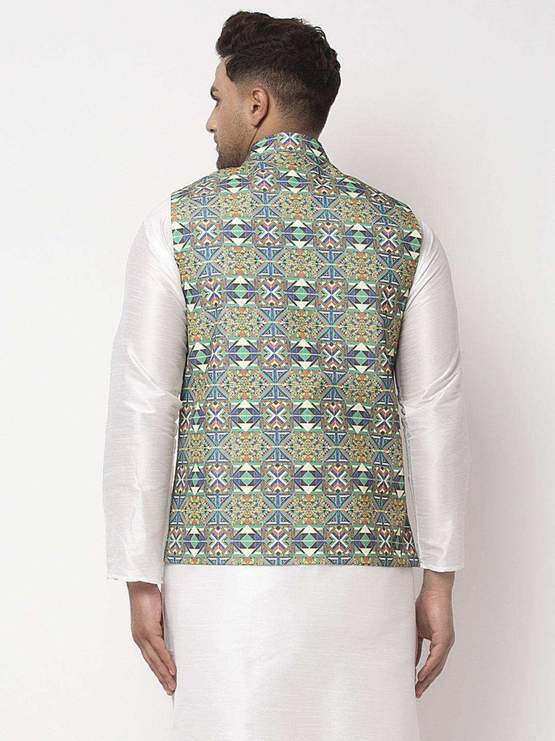 Men's Green & Blue Printed Nehru Jacket - Benstoke - Indiakreations