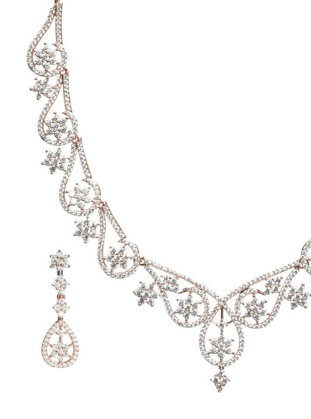 Women's Rose Gold-Plated White American Diamond & Cz Studded Handcrafted Jewellery Set - Jazz And Sizzle - Indiakreations