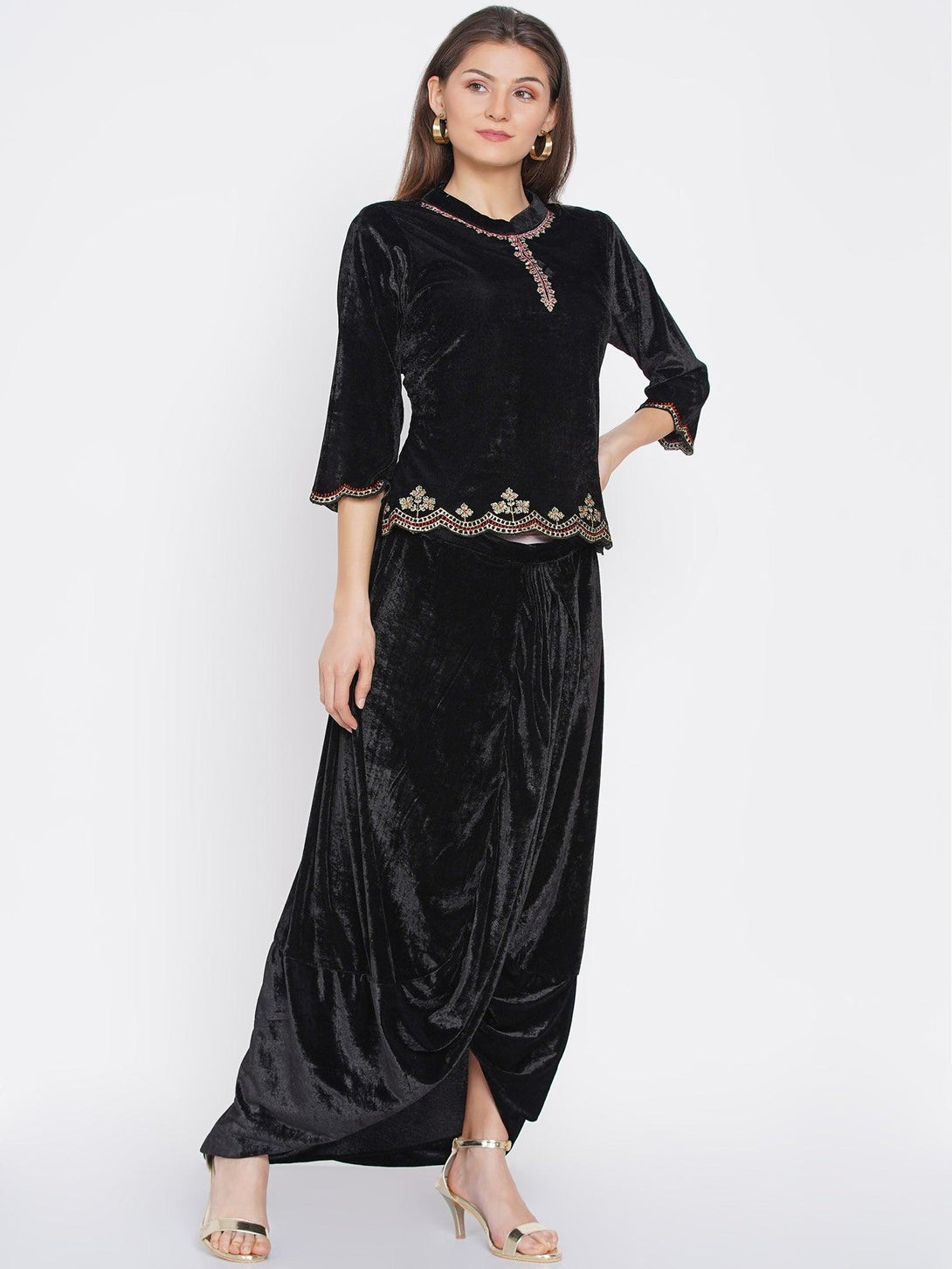 Women's Black Embroidered Velvet Kurta with Dhoti - Women Republic - Indiakreations