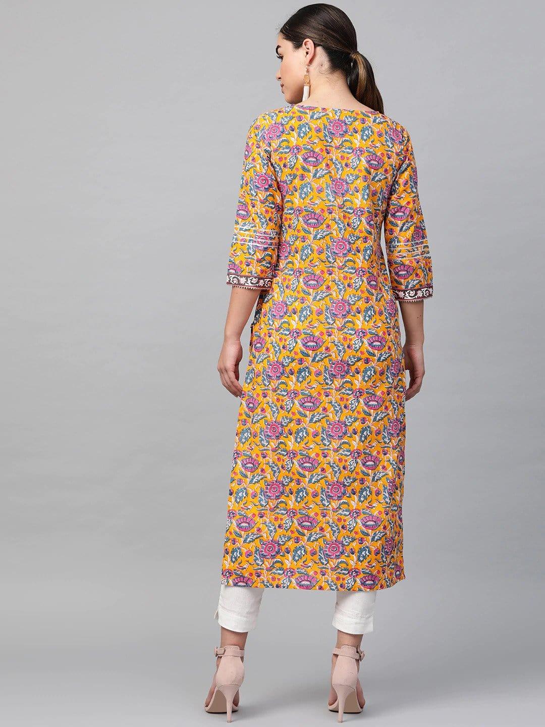 KSUT Mustard Yellow & Blue Printed Straight Kurta - Indiakreations