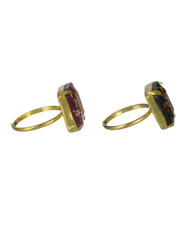 Women's Set Of 2 Handcrafted Stone Studed,Black & Purple Finger Ring - Jazz And Sizzle - Indiakreations