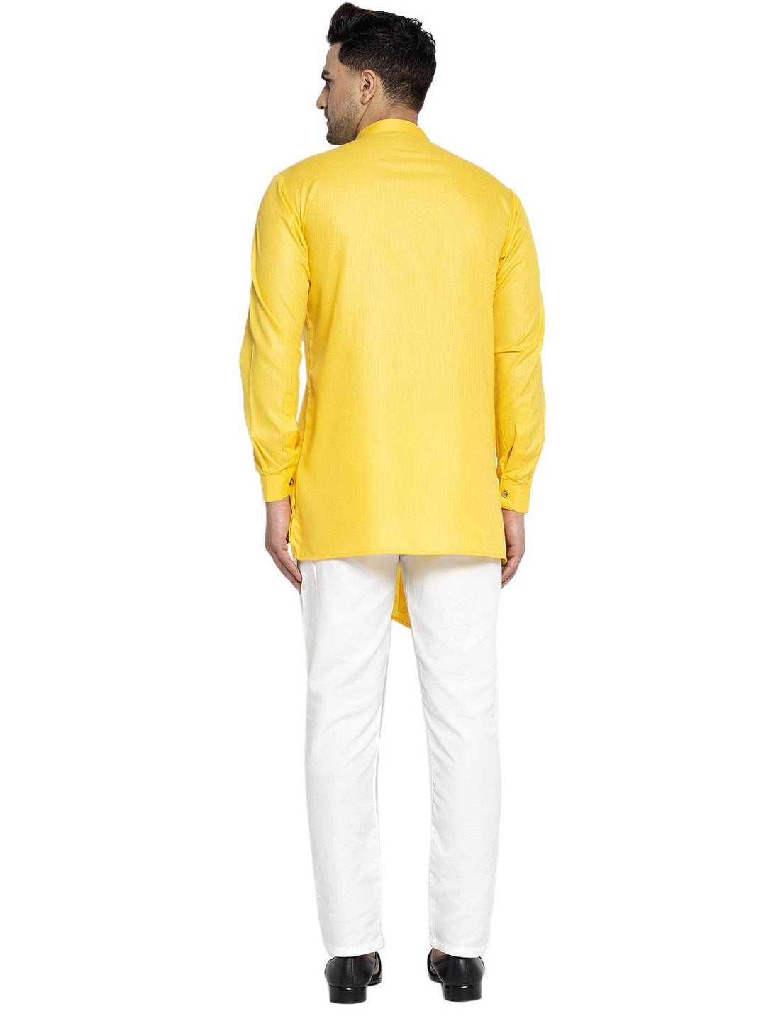 Men's Cotton Yellow Asymmetric Solid Kurta With White Trousers - Benstoke - Indiakreations