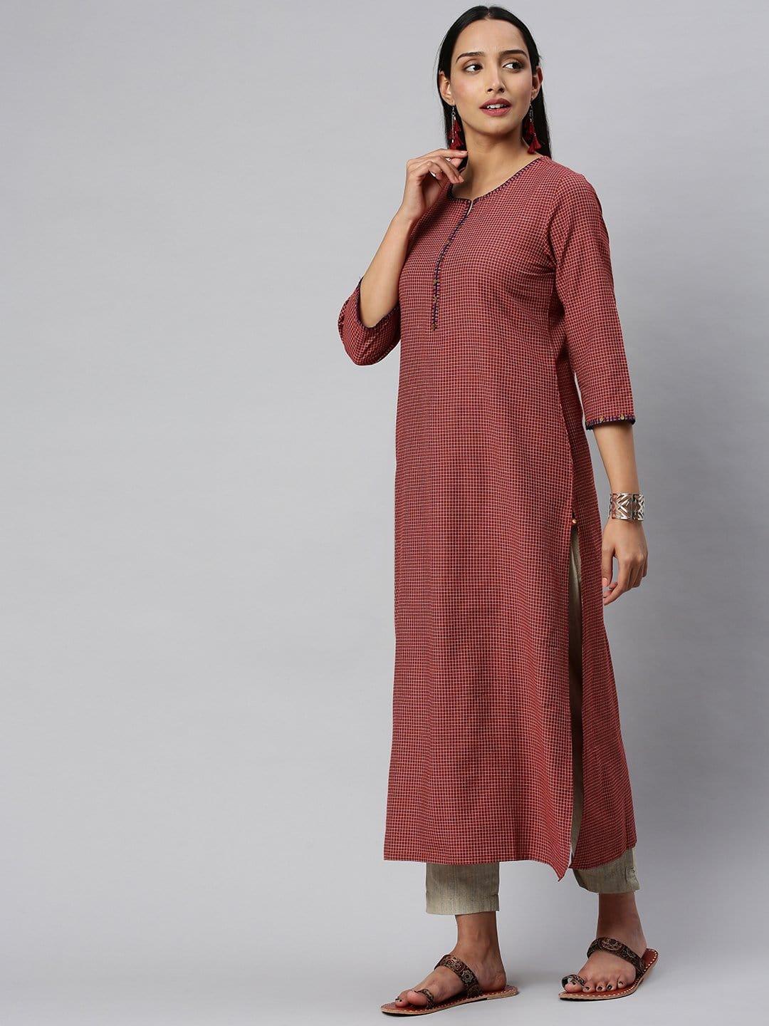 KSUT Rust And Off White Check Woven Straight Kurta With Handwork On Neckline And Sleeves - Indiakreations