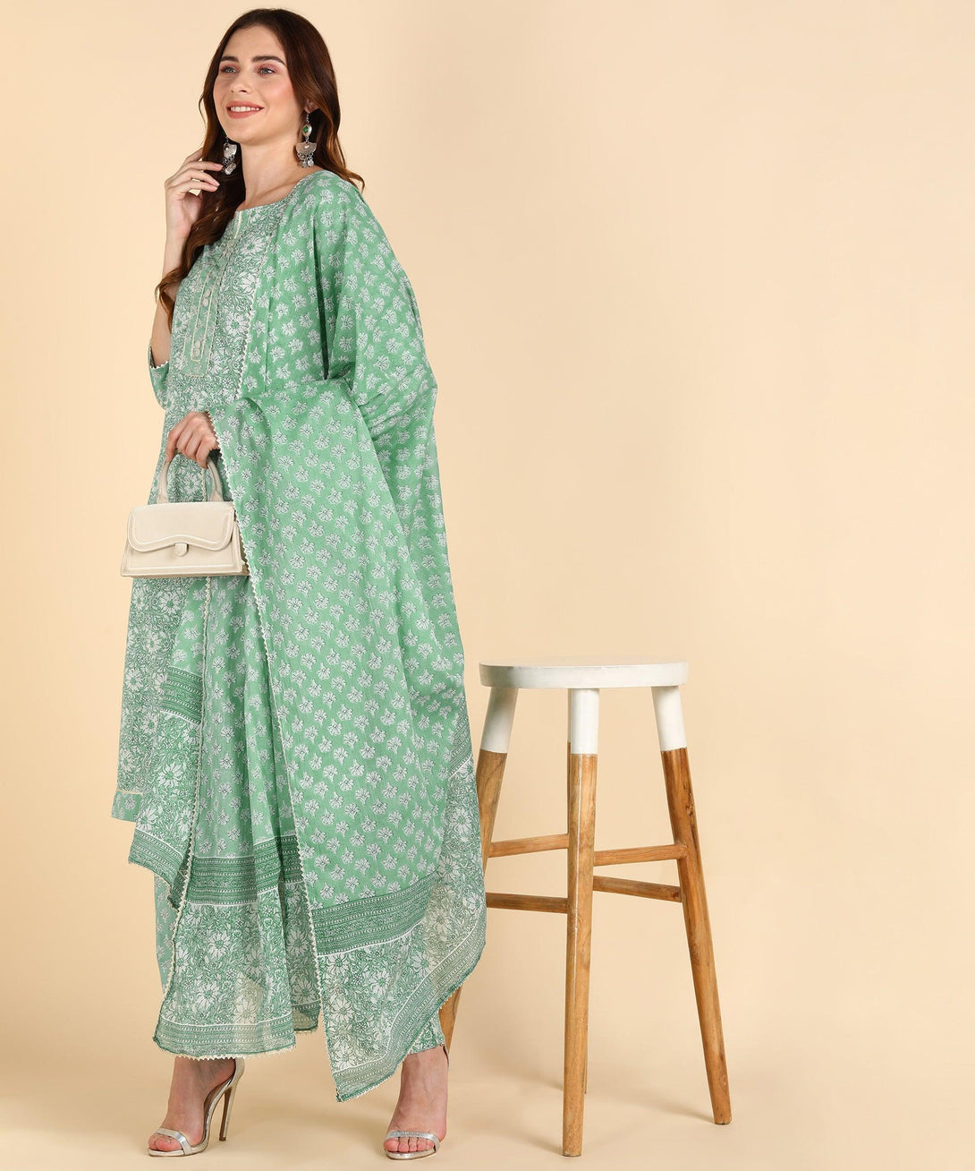 Women's Cotton Sea Green Printed Kurta Pant With Dupatta - Noz2Toz - Indiakreations