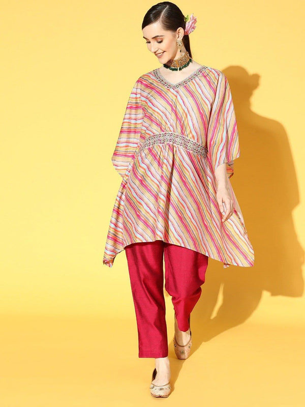 Pink Leheriya Printed Kaftan With Embroidered Belt And Pink Silk Trouser - Indiakreations