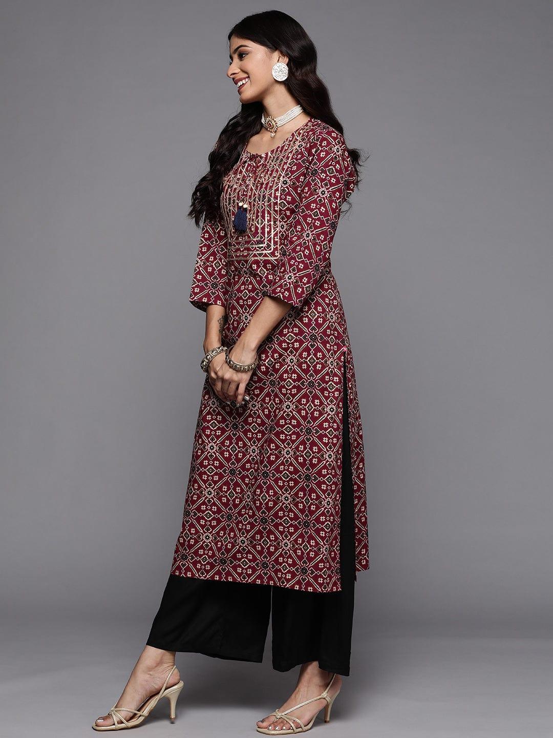 Varanga Women Maroon & Beige Ethnic Motifs Printed Indie Prints Kurta - Indiakreations