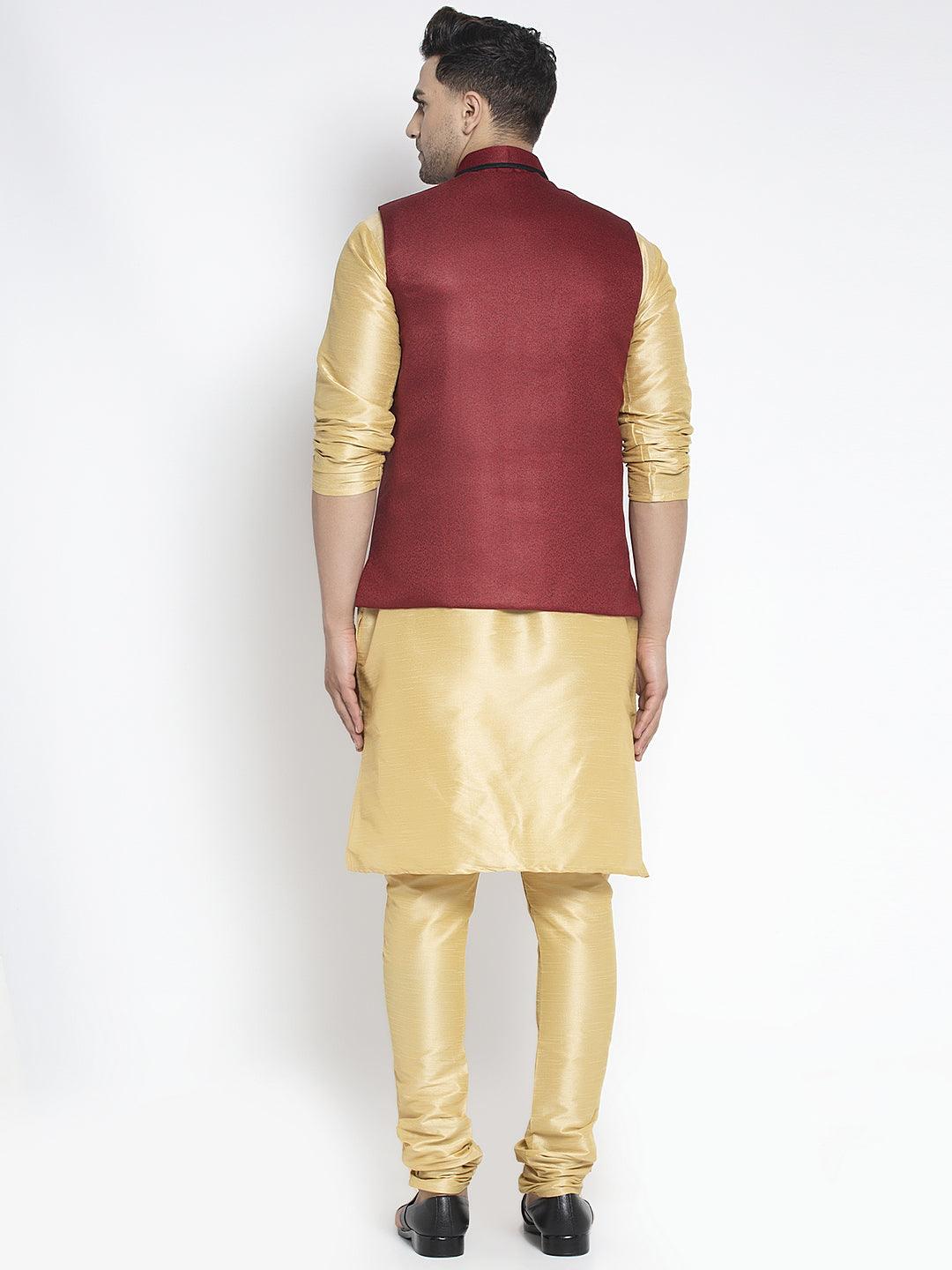 Men's Silk Blend Gold Kurta With Pyjama & Maroon Nehru Jacket - Benstoke - Indiakreations