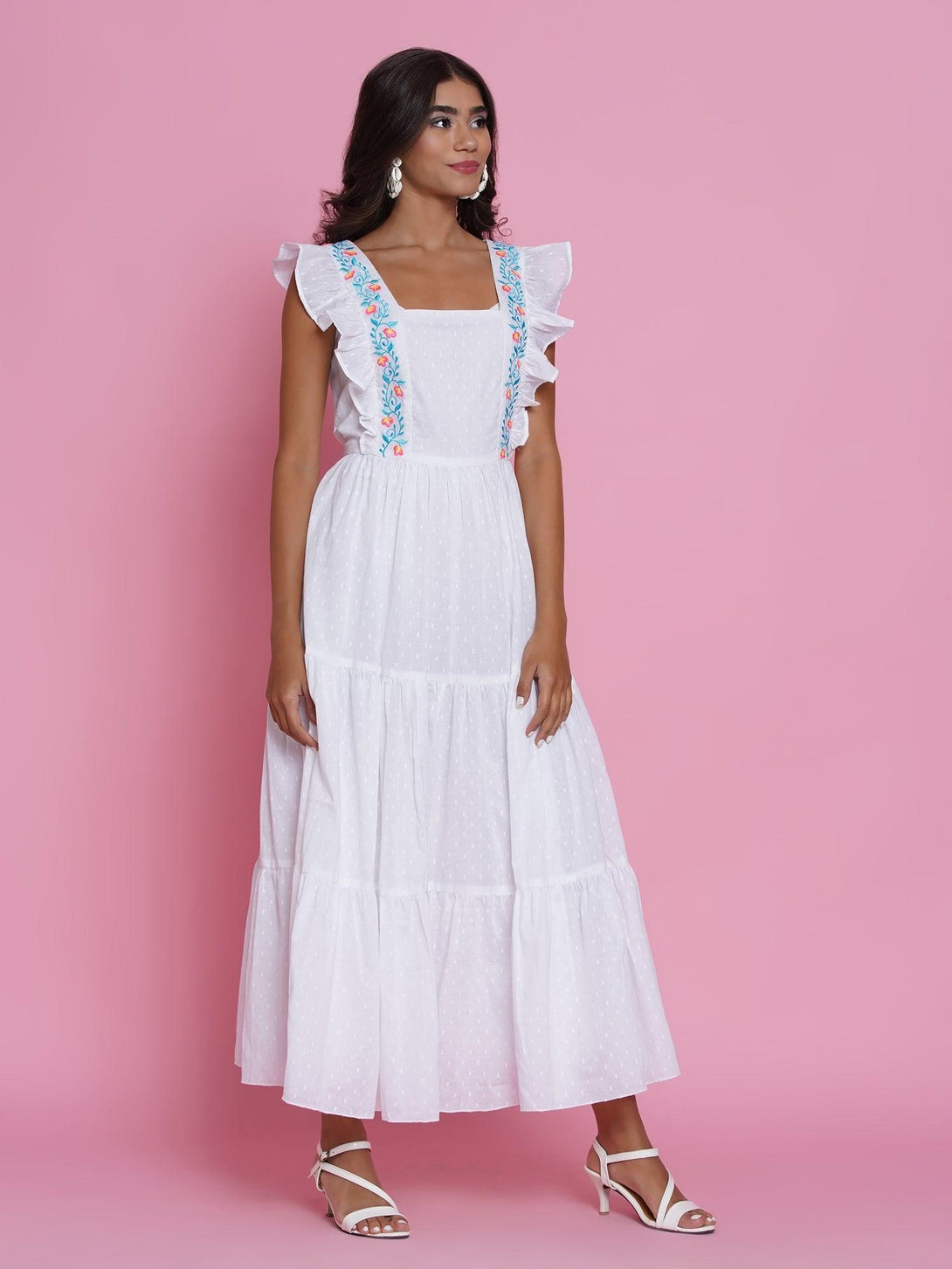 Women's White Cotton Embroidered Tiered Dress - Women Republic - Indiakreations