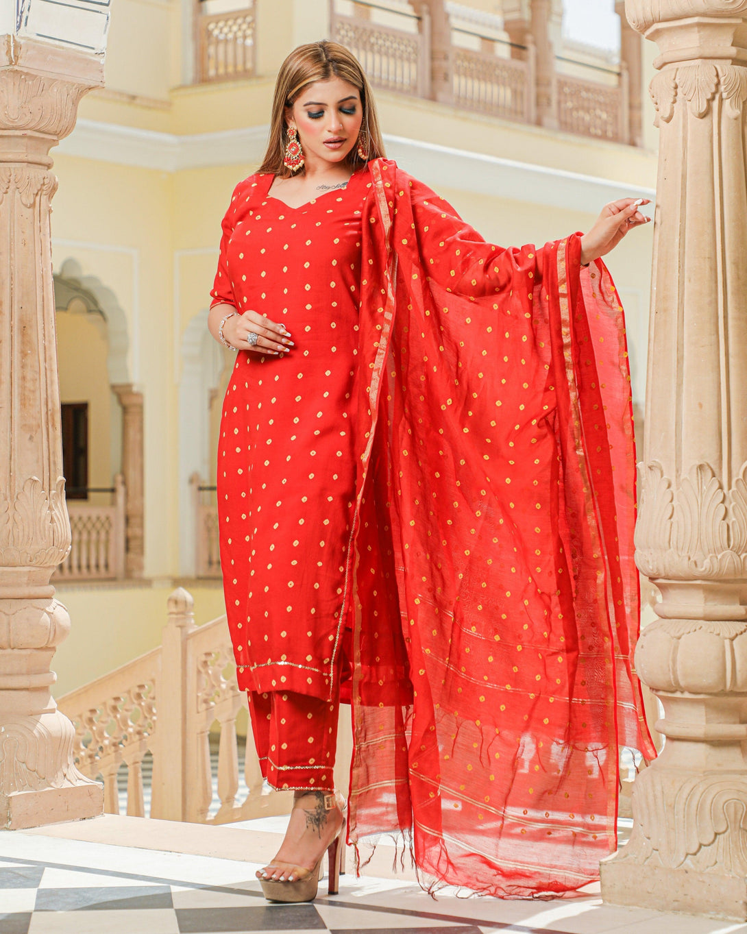 Women's Red Modal Bandhani Suit Set - Baisacrafts - Indiakreations