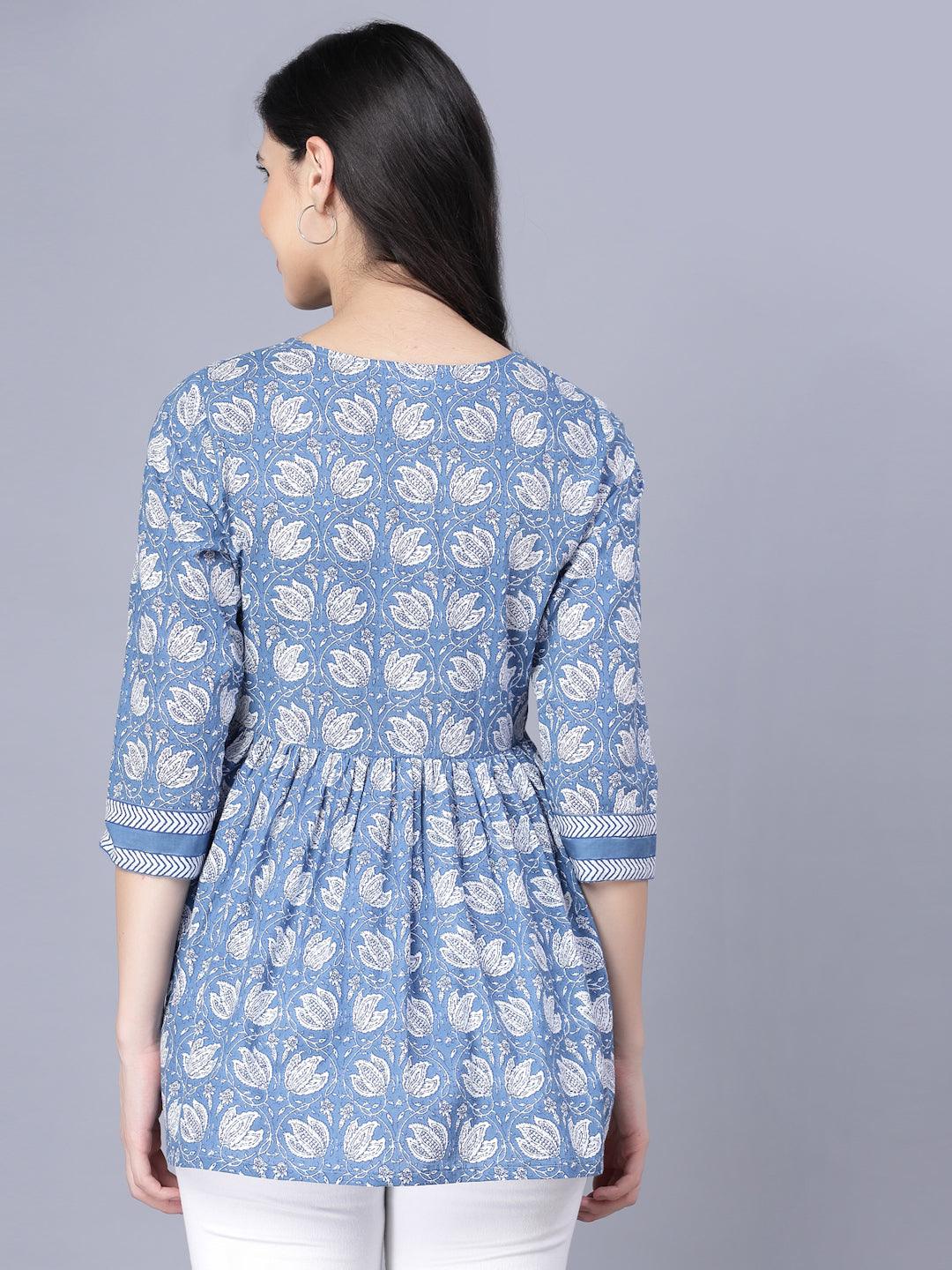Women's Cotton Printed 3/4 Sleeve Square Neck Blue Women Top - Myshka - Indiakreations