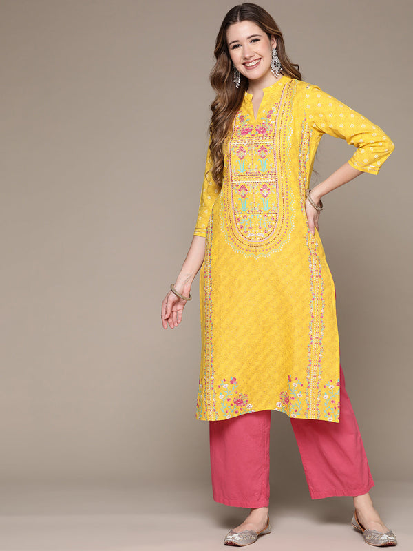 Women's Yellow Printed Thread Work Kurta - Anubhutee