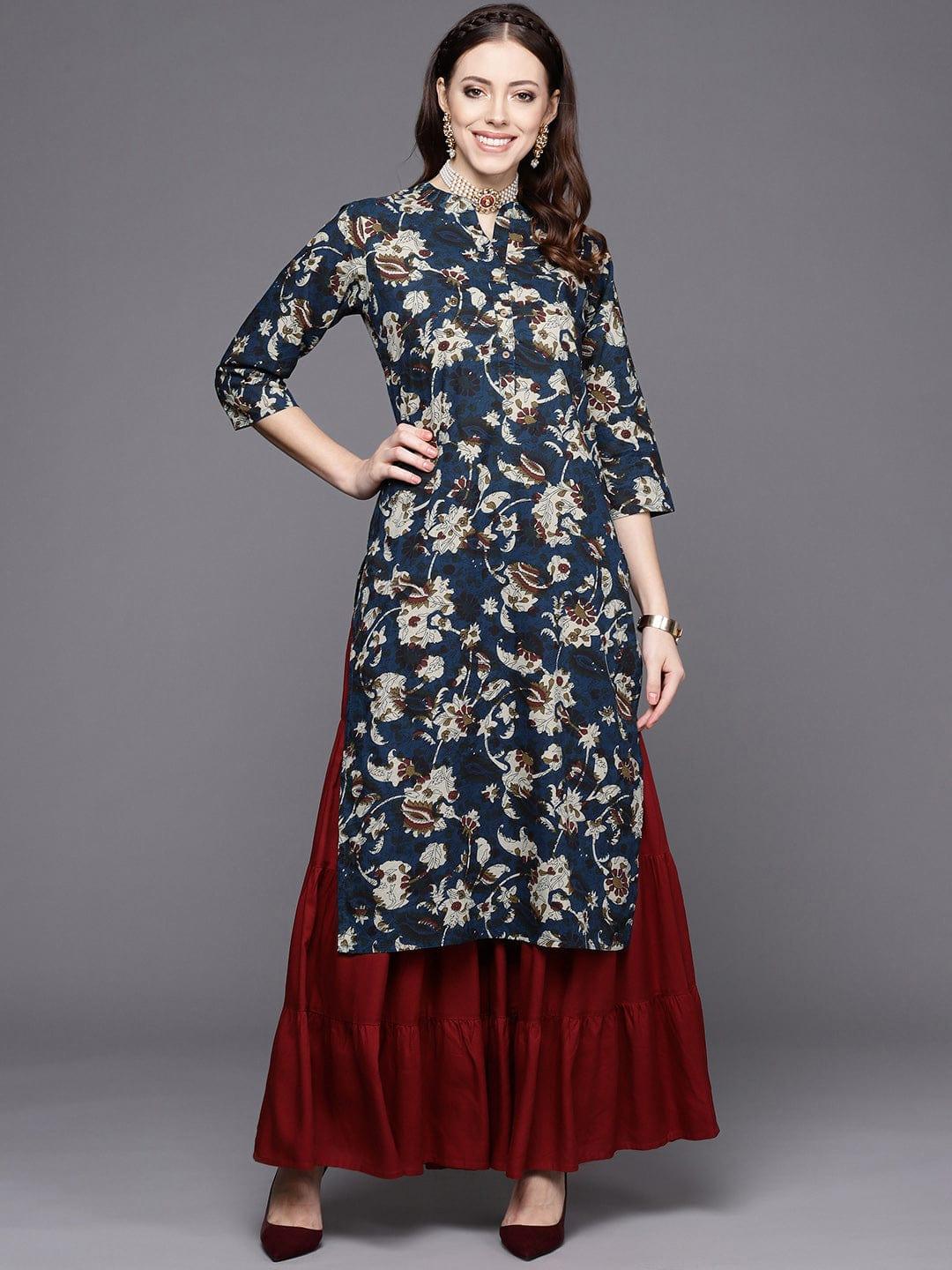 Varanga Women Navy Blue & Off White Floral Printed Kurta - Indiakreations