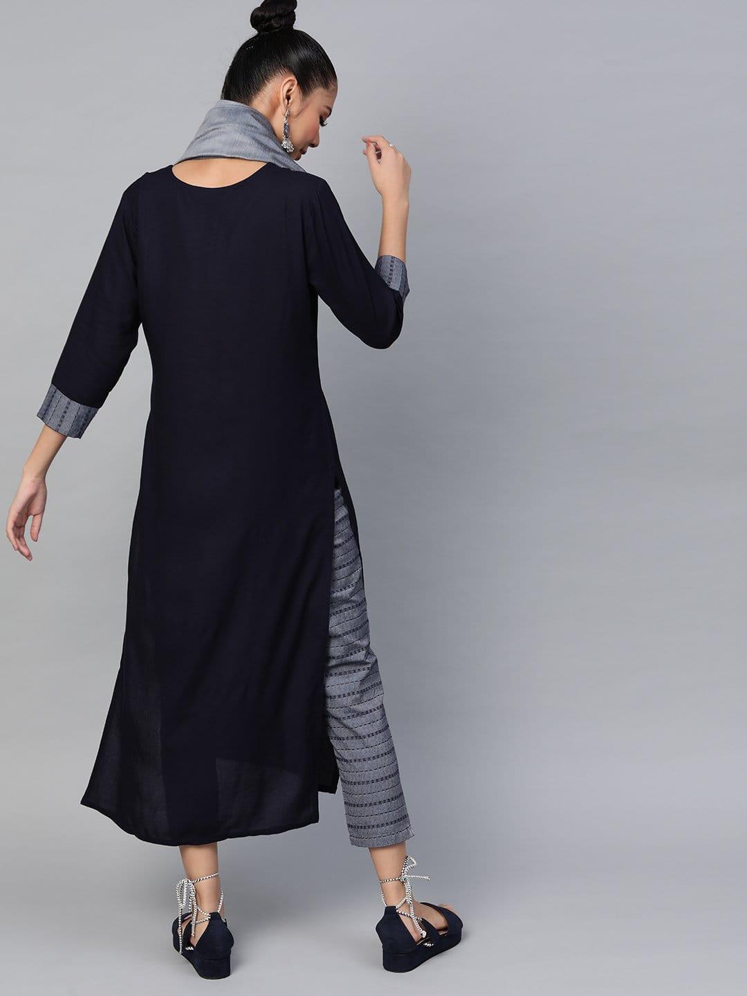 KSUT Navy Blue And Grey Handloom Woven Straight Kurta With Woven Straight Trouser With Grey Silk Dupatta - Indiakreations