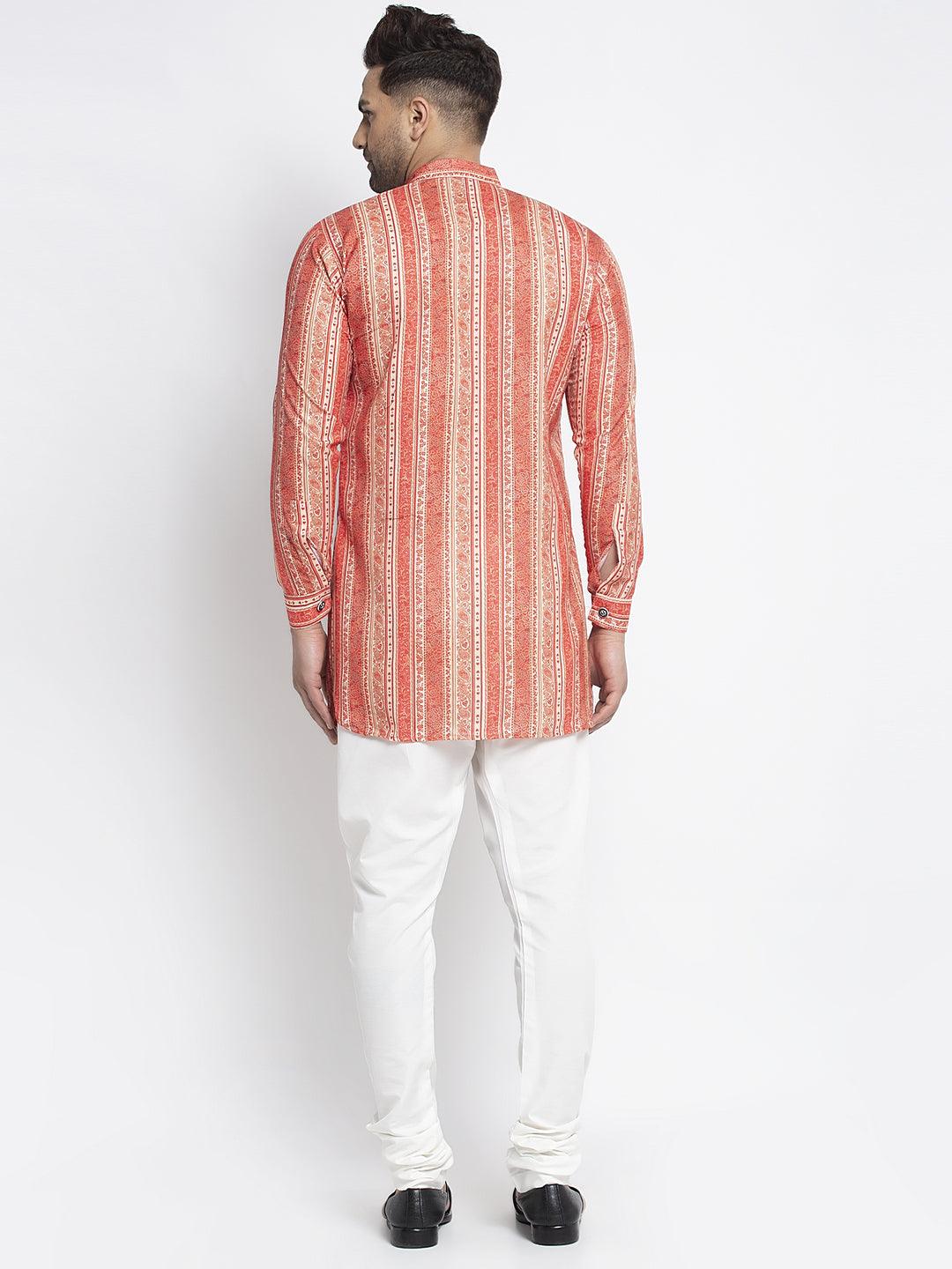 Men's Orange & Beige Printed Short Kurta With White Pyjama - Benstoke - Indiakreations