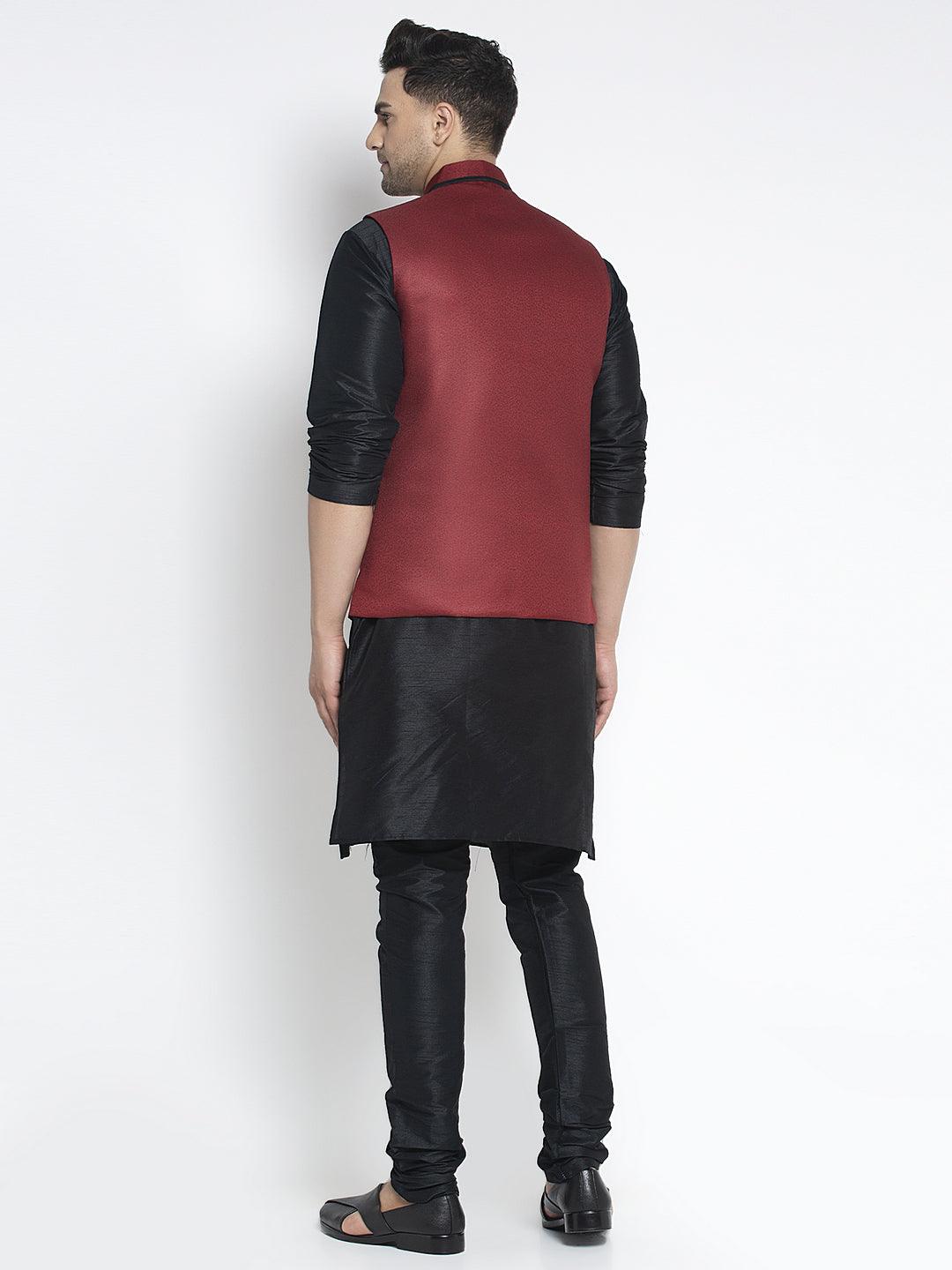 Men's Silk Blend Black Kurta With Pyjama & Maroon Nehru Jacket - Benstoke - Indiakreations