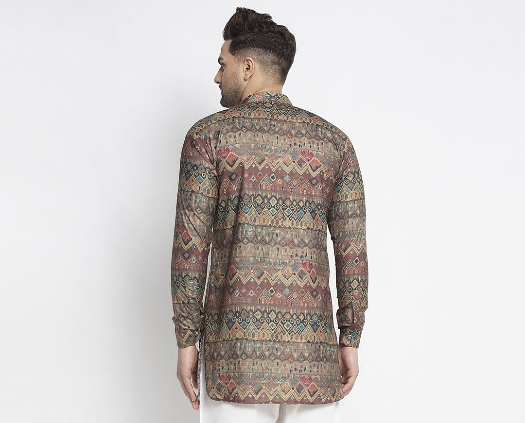 Men's Brown & Multicolor Asymmetric Printed Short Kurta - Benstoke - Indiakreations