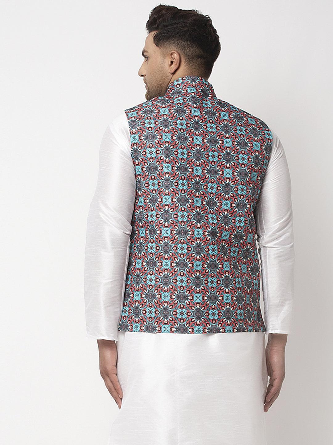 Men's Sky Blue & Black Printed Nehru Jacket - Benstoke - Indiakreations