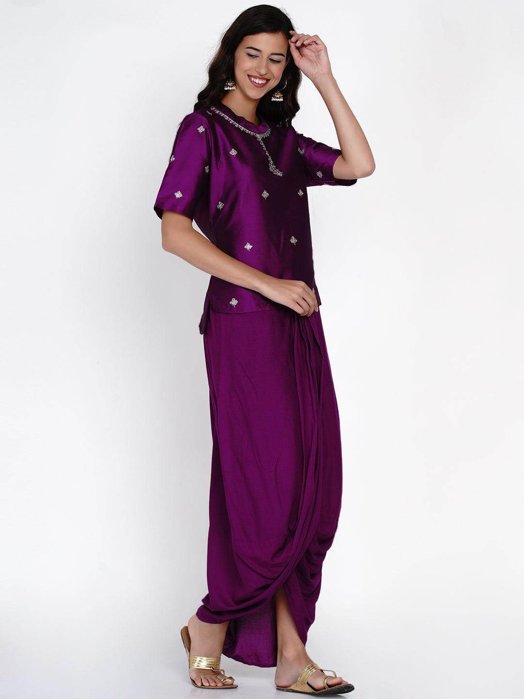 Women's Purple Polyester Embroidered Kurta With Dhoti - Women Republic - Indiakreations