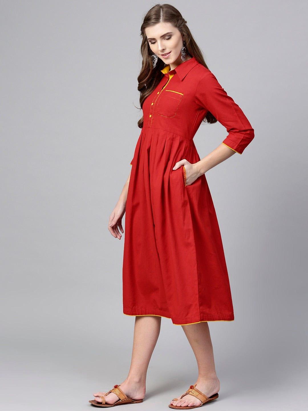 Red Solid Shirt Dress - Indiakreations