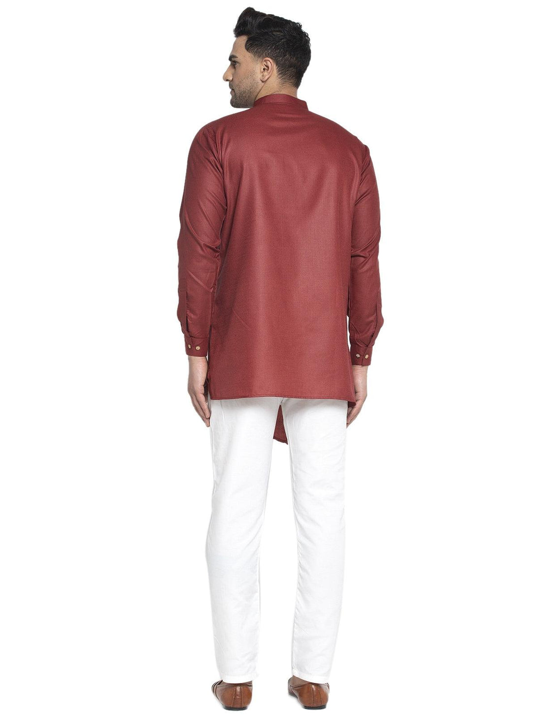 Men's Cotton Maroon Asymmetric Solid Kurta With White Trousers - Benstoke - Indiakreations