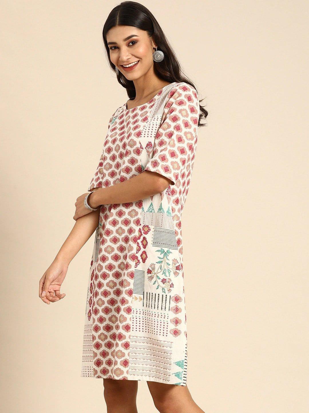 White & Pink Printed A-Line Panelled Dress with Pockets - Indiakreations