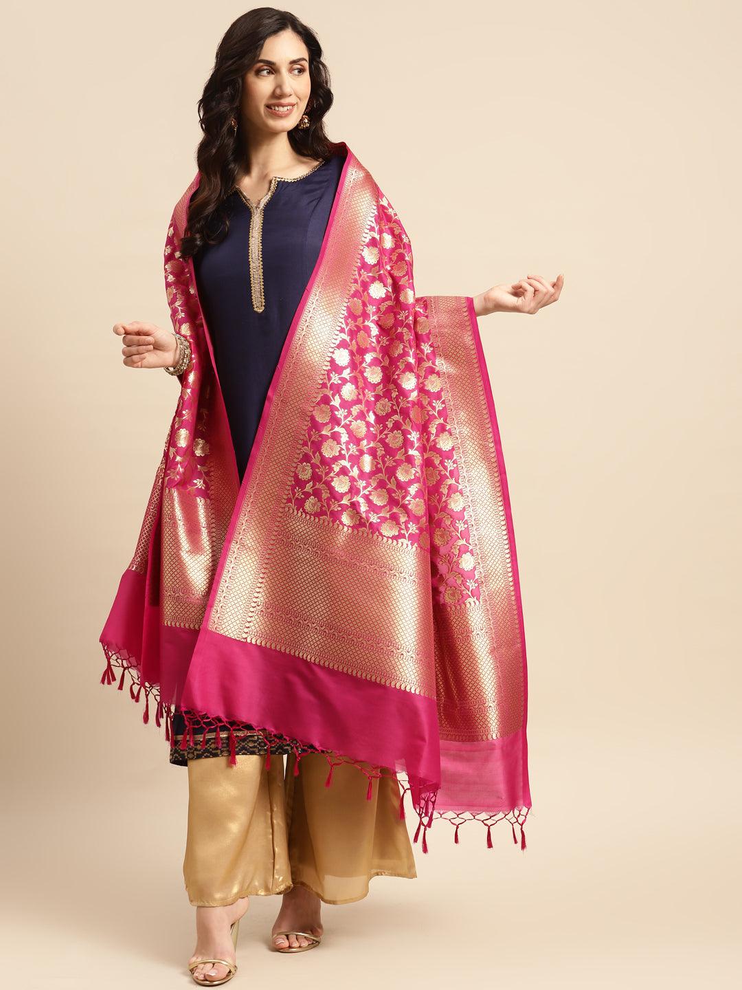 Women's Magenta Color Ethnic Motifs Woven Design Dupatta With Zari - Varanasi - Indiakreations