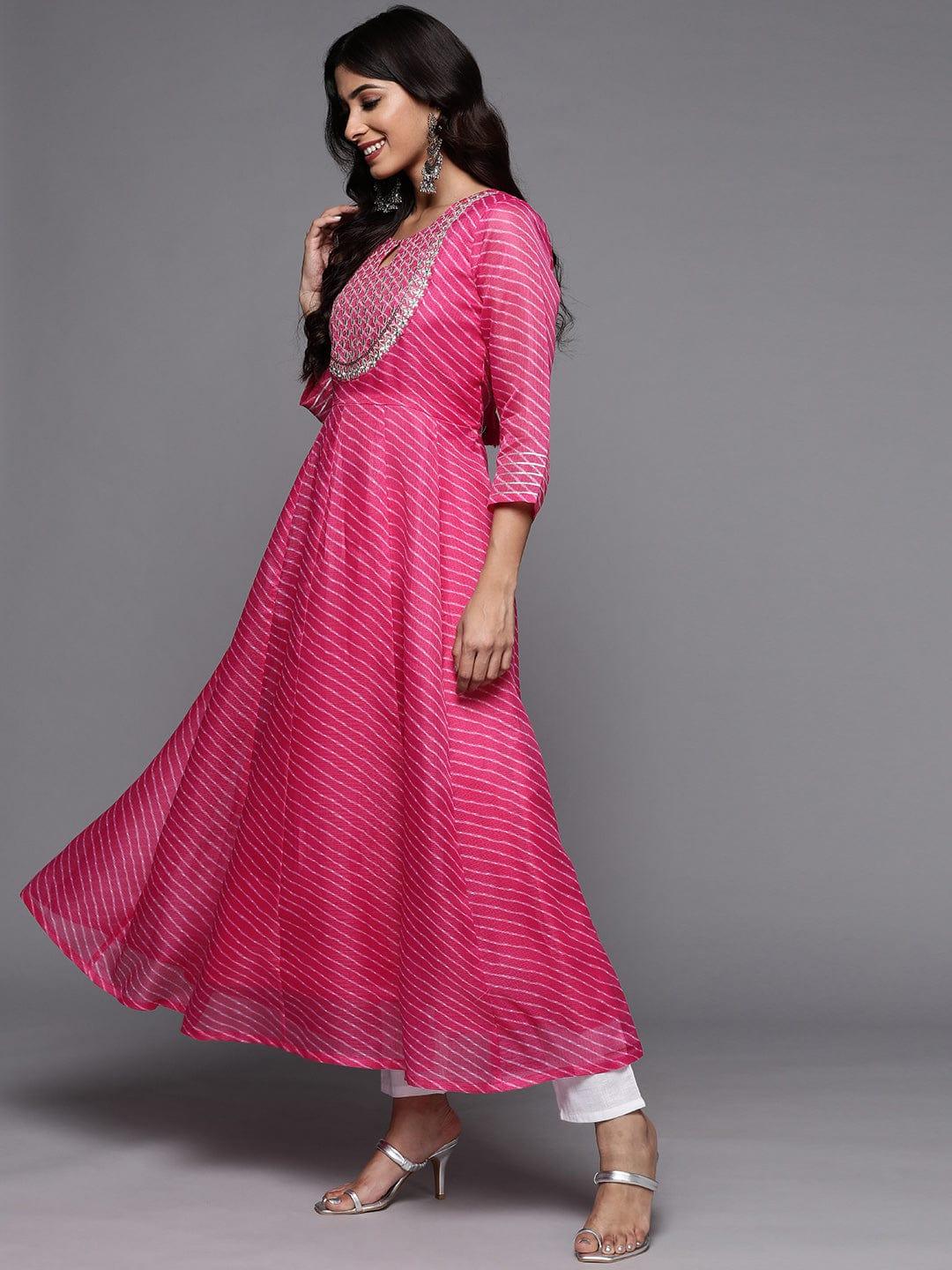 Varanga Women Pink & Gold-Toned Ethnic Motifs Embroidered Indie Prints Anarkali Kurta - Indiakreations