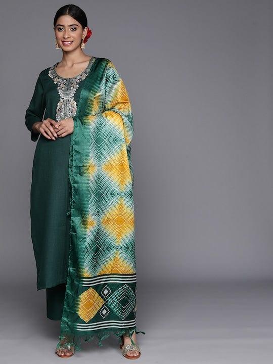 Varanga Floral Zari Embroidered Kurta With Trousers & Dupatta - Indiakreations